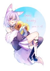 1girl :d absurdres ahoge animal_ear_fluff animal_ears asymmetrical_footwear asymmetrical_legwear bare_shoulders black_choker black_shoes blue_background blue_eyes blush bow bow_legwear chinese_commentary choker circle commentary_request criss-cross_straps dated double-parted_bangs fang floating flower from_side full_body fur-trimmed_jacket fur_trim hair_between_eyes hair_ornament hairclip hand_up happy_birthday head_tilt heterochromia highres holding holding_flower indie_virtual_youtuber jacket knees_up legwear_garter long_sleeves looking_at_viewer looking_to_the_side mary_janes medium_hair miniskirt mismatched_footwear mismatched_legwear off_shoulder open_mouth pink_bow pink_skirt platform_shoes pleated_skirt purple_eyes purple_hair purple_jacket purple_thighhighs raised_eyebrows shoes sideways_glance single_legwear_garter single_sock single_thighhigh skirt sleeveless smile socks solo sparkle sparkle_print sunflower tail teardrop_facial_mark thighhighs turning_head two-tone_skirt uneven_legwear virtual_youtuber wangying_(itswasuutsu) wangying_(vtuber) white_background white_shoes white_skirt white_socks wide_sleeves wolf_ears wolf_girl wolf_tail yellow_flower