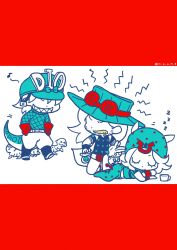 1other 3boys absurdres argyle_clothes argyle_sweater beanie beard belt belt_buckle boots bow bridal_gauntlets buckle cape chibi chibi_only clenched_teeth closed_eyes commentary cowboy_boots cowboy_hat cup diego_brando dinosaur dinosaur_tail evil_grin evil_smile facial_hair gloves goggles goggles_on_headwear gold_teeth grin gyro_zeppeli hat helmet highres holster horseshoe_hat_ornament horseshoe_ornament jodhpurs johnny_joestar jojo_no_kimyou_na_bouken limited_palette long_hair long_sleeves m_a_a_m_8 male_focus medium_hair multiple_boys musical_note no_eyes pants partially_colored scary_monsters_(stand) sharp_teeth shirt short_sleeves sleeping smile spoken_musical_note stand_(jojo) star_(symbol) star_print steel_ball_(jojo) steel_ball_run sweater symbol-only_commentary tail teeth tusk_(stand) tusk_act1 walking wristband zzz