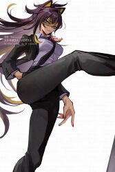 1girl antenna_hair artist_name black_jacket black_necktie black_pants blonde_hair blue_eyes breasts brown_hair closed_mouth collared_shirt commentary_request crossed_bangs dark-skinned_female dark_skin dated dehya_(genshin_impact) eyelashes eyeshadow fingernails genshin_impact grey_shirt hair_between_eyes hair_ears hair_intakes hand_in_pocket highres jacket lapels leg_up long_hair long_sleeves looking_down makeup medium_breasts multicolored_hair nail_polish necktie ojo_aa open_clothes open_jacket pants red_nails shirt sidelocks signature simple_background solo standing standing_on_one_leg streaked_hair twitter_username very_long_hair watermark white_background wing_collar
