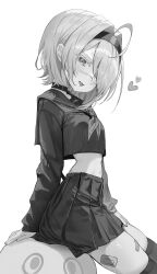 1girl absurdres ahoge bandaid bandaid_on_leg blush character_request choker copyright_request cowboy_shot crop_top cropped_shirt eyelashes eyepatch from_side greyscale hair_over_one_eye hairband heart highres kerno long_bangs long_sleeves looking_at_viewer medium_hair midriff miniskirt monochrome neckerchief one_eye_covered open_mouth parted_bangs pleated_skirt sailor_collar school_uniform serafuku shirt sidelocks sitting skirt solo stomach thighhighs tongue tongue_out turning_head zettai_ryouiki