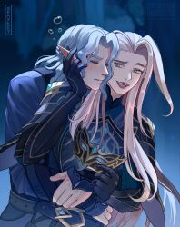 2boys afk_(series) afk_journey artist_name blurry blurry_background bubble closed_eyes closed_mouth from_side hand_on_another&#039;s_ear hands_on_another&#039;s_stomach highres holding holding_mask hug hug_from_behind indris_(afk) light_blush long_hair looking_at_another male_focus mask masquerade_mask multiple_boys open_mouth parted_bangs parted_hair pink_eyes pink_hair pointy_ears ravion_(afk) smile sora_skaykey teasing upper_body vambraces waist_hug watermark white_hair yaoi