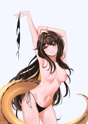 Rule 34 | 1girl, arm behind head, armpits, arms up, bikini, black bikini, blonde hair, breasts, brown eyes, brown hair, chromashift, colored inner hair, contrapposto, cowboy shot, double-parted bangs, eel girl, eel tail, grin, highres, holding, holding swimsuit, holding unworn clothes, juna unagi, large breasts, light blush, lightning ahoge, multicolored hair, navel, nipples, side-tie bikini bottom, sidelocks, simple background, smile, soghoth, solo, stomach, streaked hair, swimsuit, unworn bikini top, unworn swimsuit, virtual youtuber, white background