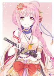 1girl ahoge ayukawa_koto bare_shoulders braid breasts cleavage flower hair_flower hair_ornament highres iris_mysteria! japanese_clothes k_(nura-rikuo) katana long_hair looking_at_viewer medium_breasts midriff navel pink_hair red_ribbon ribbon scarf smile sword weapon yellow_eyes