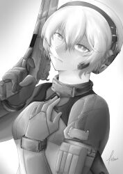 1girl absurdres ammunition_pouch beyond_citadel breasts crying crying_with_eyes_open gloves gun hand_on_own_chest handgun headset highres hikarichantik holding holding_gun holding_weapon long_sleeves looking_at_viewer martyr_(the_citadel) monochrome pouch revealing_clothes second-party_source short_hair tears the_citadel weapon white_background