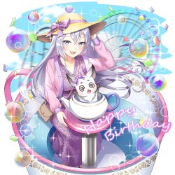 1girl @_@ amusement_park animal bag bow bubble commentary_request grey_eyes grey_hair handbag happy_birthday hat hat_bow large_hat long_hair multicolored_eyes open_mouth purple_eyes roselia_violet salt_(salty) smile sun_hat uchi_no_hime-sama_ga_ichiban_kawaii very_long_hair