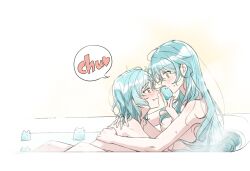 bang_dream! bath bathing blue_hair blush completely_nude heart highres hikawa_hina hikawa_sayo hug long_hair nude same-sex_bathing seza_(enlwnaos) shared_bathing short_hair speech_bubble yellow_eyes yuri