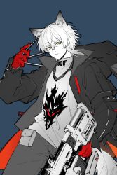Rule 34 | 1boy, animal ear fluff, animal ears, aosta (arknights), arknights, between fingers, blue background, chinese commentary, commentary request, cowboy shot, gloves, hair between eyes, highres, holding, hood, hood down, hooded jacket, jacket, long sleeves, looking at viewer, male focus, open clothes, open jacket, parted lips, partial commentary, partially colored, piaoliu ping ping ping pingzi, pouch, red gloves, shirt, short hair, simple background, solo, standing, yellow eyes