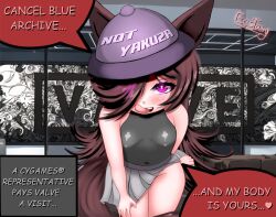 1girl animal_ears artist_name bent_over black_shirt blush breasts brown_hair clothes_lift come_hither cowboy_shot dialogue_box ecstasy_(icyblue) female_focus glowing glowing_eyes hair_over_one_eye hat highres horse_ears horse_girl horse_tail leaning_forward licking_lips loli long_bangs long_hair looking_at_viewer miniskirt naughty_face navel no_bra no_panties partially_visible_vulva pleated_skirt purple_eyes rice_shower_(boc&#039;z)_(umamusume) rice_shower_(umamusume) shirt signature skin_tight skindentation skirt skirt_lift sleeveless sleeveless_shirt small_breasts smile solo speech_bubble spiked_hair tail thick_thighs thighs tight_clothes tongue tongue_out umamusume very_long_hair white_skirt yakuza