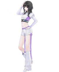 1girl ayase_ito belt black_eyes black_hair breasts high_heels idol long_hair long_sleeves looking_at_viewer multicolored_hair nail_polish navel negative_happy o-ring o-ring_belt official_art ohisashiburi puffy_sleeves purple_belt shirt shorts standing streaked_hair transparent_background white_shirt white_shorts