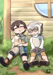 1boy 1girl asihire bike_shorts bike_shorts_under_shorts blush boots brown-framed_eyewear brown_gloves brown_hair brown_sandals brown_shirt brown_shorts capri_pants captain_(kemono_friends) closed_eyes collared_shirt drooling extra_ears glasses gloves grey_hair grey_pants grey_sweater hair_between_eyes highres jacket japari_symbol kemono_friends kemono_friends_3 meerkat_(kemono_friends) meerkat_ears meerkat_tail multicolored_hair orange_boots orange_pants pants safari_jacket sandals shirt short_hair short_sleeves shorts sidelocks sitting sleeping sweater turtleneck turtleneck_sweater two-tone_hair two-tone_pants two-tone_shirt two-tone_sweater white_gloves white_hair