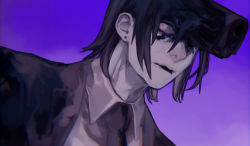 1boy black_hair black_necktie chainsaw_man collared_shirt cracked_skin earrings grey_eyes greyscale greyscale_with_colored_background gun gun_devil_(chainsaw_man) handgun hayakawa_aki highres hybrid jewelry looking_at_viewer medium_hair monochrome nakano_(2_mannaka) necktie purple_background purple_theme shirt simple_background solo weapon white_shirt