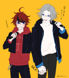 Rule 34 | 2boys, anger vein, aotsuki eito, black jacket, black pants, blue eyes, blush, cowboy shot, cropped jacket, glasses, grey hair, hand up, holding, holding hands, holding microphone, hood, hoodie, interlocked fingers, jacket, looking at another, male focus, microphone, multicolored hair, multiple boys, official alternate costume, pants, red hair, red hoodie, seiran yoroz, shirt, shirt tucked in, short hair, smile, streaked hair, sumino takumi, teeth, the hundred line -last defense academy-, tower records, turtleneck, turtleneck shirt, twitter username, white shirt, yellow background