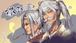 1boy 1girl beard brown_eyes facial_hair glasses gradient_background grey_hair hair_between_eyes hairband hanzou_(senran_kagura) heart husband_and_wife japanese_clothes jewelry kimono mature_female mature_male mole mustache necklace official_art old old_man old_woman one_eye_closed pearl_necklace ponytail red_scarf sayuri_(senran_kagura) scarf senran_kagura senran_kagura_estival_versus smoke smoking smoking_pipe sunglasses thick_mustache translation_request white_hairband wrinkled_skin yaegashi_nan yellow_background