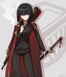 1girl 99dulgi black_hair black_suit blood blood_on_face bob_cut breasts cigarette coat coat_on_shoulders collarbone collared_shirt commentary_request formal_clothes gun gun_on_back highres holding holding_cigarette holding_scabbard jacket korean_commentary limbus_company long_hair long_sleeves looking_at_viewer ootachi pants project_moon red_eyes ryoshu_(project_moon) scabbard sheath sheathed shirt short_hair simple_background small_breasts smile smoking solo suit weapon weapon_on_back