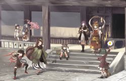 1boy 6+girls animal_ears animal_print architecture arm_up asymmetrical_wings basket bishamonten&#039;s_pagoda bishamonten&#039;s_spear black_dress black_footwear black_hair black_socks blonde_hair blue_hair brown_hair capelet closed_eyes commentary_request covering_own_ears day dowsing_rod dress east_asian_architecture futatsuiwa_mamizou glasses gradient_hair green_hair green_sailor_collar grey_dress grey_hair grimace hagoromo hair_ornament haori hat head_tilt hijiri_byakuren holding hood houjuu_nue interlocked_fingers japanese_clothes kasodani_kyouko kesa kneehighs kumoi_ichirin ladle layered_dress leaf leaf_on_head leg_ribbon long_hair looking_at_another mouse_(animal) mouse_ears mouse_tail multicolored_hair multiple_girls murasa_minamitsu myouren_temple nazrin outdoors own_hands_clasped own_hands_together pink_dress pleated_skirt puff_of_air purple_hair raccoon_ears raccoon_tail red_footwear ribbon rope sailor_collar sailor_hat shawl shirt short_hair short_sleeves shorts sitting skirt smile socks speech_bubble spoken_sun stairs standing standing_on_one_leg stomping stone_walkway streaked_hair sunnysideup tail thighhighs tiger_print toramaru_shou touhou unzan very_long_hair walking white_dress white_legwear white_shirt white_shorts white_skirt wings wooden_door zettai_ryouiki