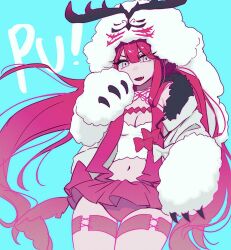 Rule 34 | 1girl, baobhan sith (fate), baobhan sith (swimsuit pretender) (first ascension) (fate), blue background, breasts, cernunnos (fate), character hood, fate/grand order, fate (series), fur-trimmed jacket, fur trim, grey eyes, hand up, highres, hwanm fate, jacket, long hair, looking at viewer, microskirt, navel, open mouth, pink hair, pink skirt, sidelocks, skirt, smile, solo, white jacket