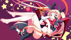 1girl :o arc_system_works ass barefoot bikini blazblue blonde_hair bow feet female_focus gii hair_ribbon long_hair nago rachel_alucard red_eyes ribbon solo star_(symbol) swimsuit twintails