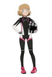 1girl alternate_hair_length alternate_hairstyle blonde_hair blue_eyes breasts clenched_hands eyelashes fankifalu female_focus full_body gloves hands_on_own_hips happy helmet high_collar highres holding holding_helmet jacket leggings looking_to_the_side medium_hair motorcycle_helmet nintendo pokemon pokemon_(anime) print_jacket serena_(pokemon) shoes sidelocks small_breasts smile sneakers socks sportswear standing swept_bangs transparent_background zipper