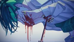 Rule 34 | 1boy, arrow (jojo), arrow (projectile), blood, blood on face, blood on hands, covering own mouth, diamond wa kudakenai, earrings, green hairband, green shirt, hairband, highres, impaled, injury, jewelry, jojo no kimyou na bouken, kai (masugata 94), kishibe rohan, long sleeves, male focus, nervous sweating, shirt, short hair, solo, sweat, white background, wide-eyed