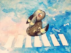 animal_focus blue_background bright_pupils crosswalk full_body gen_2_pokemon nintendo no_humans non_(kumakawayusu) orange_eyes outdoors painting_(medium) pokemon pokemon_(creature) sitting solo traditional_media umbreon watercolor_(medium) white_pupils