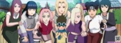 1boy 6+girls age_difference bike_shorts_under_skirt blush breasts cleavage clenched_hands fishnets haruno_sakura highres huge_breasts hyuuga_hinata large_breasts midriff multiple_girls naruto_(series) naruto_shippuuden navel onee-shota pink_lips qr_code sarutobi_konohamaru shizune_(naruto) shota smile ssdreamland tenten_(naruto) tsunade_(naruto) uzumaki_kushina v yamanaka_ino