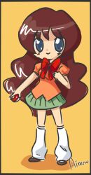 1girl 4chan_commission airenu-ish artist_name bow brown_hair commentary commission english_commentary green_skirt holding holding_poke_ball lass_(pokemon) long_hair looking_at_viewer loose_socks miniskirt nintendo orange_shirt poke_ball pokemon pokemon_(anime) pokemon_(classic_anime) pokemon_theme_lass red_bow shirt simple_background skirt smile socks solo very_long_hair white_socks yellow_background