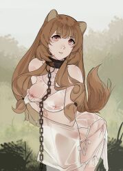 1girl absurdres alternate_costume animal_ears arm_under_breasts bdsm breasts brown_hair chain chain_leash chest_tattoo cleavage collar collarbone commentary covered_erect_nipples cowboy_shot dress english_commentary eyelashes hair_tubes highres leaning_forward leash long_hair medium_breasts metal_collar nipples nose outdoors panties parted_lips raccoon_ears raccoon_girl raccoon_tail raphtalia red_eyes rizuto see-through_clothes slave slave_brand solo tail tate_no_yuusha_no_nariagari tattoo underwear wet wet_clothes white_dress white_panties