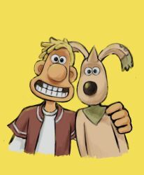 2boys animal_ears digimon digimon_(creature) digimon_adventure_02 digimon_adventure_02:_digimon_hurricane_jouriku!!_chouzetsu_shinka!!_ougon_no_digimental fusion grin gromit highres mas_square multiple_boys name_connection pun simple_background smile terriermon wallace_(digimon) wallace_(wallace_and_gromit) wallace_and_gromit what yellow_background