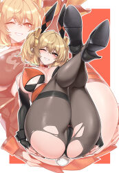 1girl absurdres animal_ear_hairband animal_ears ass bare_shoulders black_gloves black_pantyhose black_shoes black_skirt black_tube_top blonde_hair blush border breasts burnice_white choker collarbone commentary_request crop_top crossed_ankles crossed_bangs dogs_(dlrkdejr26) elbow_gloves fake_animal_ears fingerless_gloves fingernails gloves hair_between_eyes hair_ornament hairband high_heels highres huge_ass korean_commentary large_breasts legs_up leotard looking_at_viewer multicolored_leotard nail_polish one_eye_closed outline outside_border pantyhose playboy_bunny rabbit_ear_hairband rabbit_ears rabbit_tail red_background red_choker red_eyes red_nails shoes skirt smile strapless strapless_leotard tail thick_thighs thigh_strap thighs torn_clothes torn_pantyhose tube_top two_side_up white_border white_outline zenless_zone_zero zoom_layer
