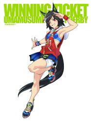 1girl :d absurdres animal_ears arm_up armpits bare_shoulders bike_shorts black_hair blue_eyes breasts character_name commentary copyright_name ear_ornament fang full_body gloves grin hair_ornament hairclip highres hood hood_down horse_ears horse_girl horse_tail jacket li_li_li_li_jun looking_at_viewer low-cut_armhole multicolored_shoes one_eye_closed open_mouth red_eyes red_jacket shirt shoes short_hair shorts simple_background sleeveless smile sneakers solo sports_bra standing standing_on_one_leg tachi-e tail umamusume white_background winning_ticket_(umamusume)