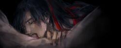 2boys black_background black_hair crying crying_with_eyes_open deepthroat fellatio grey_eyes hair_ribbon hand_on_another&#039;s_thigh highres kcllzas163 lan_wangji long_hair looking_down male_focus modao_zushi multiple_boys nude open_mouth oral penis ponytail red_ribbon ribbon solo_focus sweat tears third-party_source tongue wei_wuxian yaoi