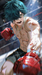 1boy absurdres blood blood_on_face boxing_gloves boxing_ring boxing_shorts crowd green_eyes green_hair highres lighter_(zenless_zone_zero) looking_at_viewer male_focus maria_(maria_rose) open_mouth punching scar shorts solo_focus zenless_zone_zero