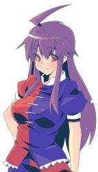 1girl ahoge blue_shirt blush breasts closed_mouth commentary_request cosplay long_hair looking_at_viewer medium_breasts mori_shin_risuku morswa puffy_short_sleeves puffy_sleeves purple_hair red_eyes red_shirt shirt short_sleeves sidelocks simple_background smile solo touhou two-tone_shirt upper_body white_background yagokoro_eirin yagokoro_eirin_(cosplay)