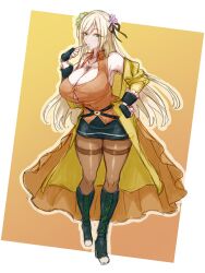 Rule 34 | 1girl, absurdres, akira blanton, assault lily, bare shoulders, belt, black belt, black boots, black gloves, black ribbon, black skirt, blush, boots, border, breasts, brown pantyhose, button gap, buttons, cleavage, coat, collarbone, collared shirt, commentary request, finger to cheek, fingerless gloves, flower, frilled sleeves, frills, full body, gloves, gradient background, green eyes, green flower, hair between eyes, hair flower, hair ornament, hair ribbon, hand on own cheek, hand on own face, highres, huge breasts, jewelry, knee boots, lace-up boots, long hair, looking at viewer, mabuta kayumi, miniskirt, multiple belts, necklace, o-ring, o-ring belt, off shoulder, open clothes, open coat, orange background, orange shirt, outside border, pantyhose, parted lips, pencil skirt, pendant, purple flower, ribbon, shirt, sketch, skirt, sleeveless, sleeveless shirt, solo, standing, thighband pantyhose, very long hair, waist cape, white border, yellow coat
