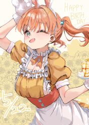 Rule 34 | 1girl, ;d, absurdres, animal ear hairband, animal ears, animal hands, apron, breasts, cleavage, commentary, dated, dress, fake animal ears, floral background, food, frilled apron, frilled dress, frills, gloves, hair intakes, hair ornament, hairband, happy birthday, highres, hinoshita kaho, hinoshita kaho (animal cafe), holding, holding plate, jin (oihlf), large breasts, link! like! love live!, looking at viewer, love live!, maid, medium hair, official alternate costume, official alternate hairstyle, one eye closed, open mouth, orange dress, orange hair, pancake, paw gloves, plate, puffy short sleeves, puffy sleeves, rabbit ear hairband, rabbit ears, rabbit hair ornament, short sleeves, smile, solo, souffle pancake, twintails, virtual youtuber, waist apron, white apron, white gloves, white hairband, yellow background