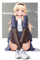 1girl :d absurdres black_hairband black_jacket black_skirt black_thighhighs blonde_hair blush chaos;head character_name collarbone crossed_ankles elbow_rest full_body gher5 hairband highres jacket long_hair looking_at_viewer nishijou_nanami open_clothes open_jacket open_mouth pleated_skirt purple_eyes shirt shoes sitting skirt smile sneakers solo striped_sleeves thighhighs thighs track_jacket white_shirt