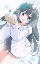 1girl :d absurdres animal_ears black_camisole black_hair blue_eyes blush breath brown_mittens camisole clover_hair_ornament collarbone commission dutch_angle flower four-leaf_clover_hair_ornament frills fur-trimmed_hood fur-trimmed_jacket fur_trim hair_between_eyes hair_flower hair_ornament hands_up highres holding hood hood_down hooded_jacket jacket long_hair long_sleeves looking_at_viewer mittens open_clothes open_jacket open_mouth original outdoors puffy_long_sleeves puffy_sleeves rabbit_ears rabbit_girl rabbit_tail shiro9jira skeb_commission skirt smile snow snow_rabbit snowflake_background snowflakes snowing solo tail very_long_hair white_jacket winter