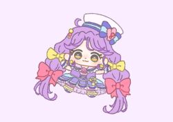 Rule 34 | 1girl, :3, absurdly long hair, ascot, bag bow, blue bag, blue bow, boots, bow, bow earrings, bracelet, bridal gauntlets, brown eyes, chibi, closed mouth, cross-laced clothes, cross-laced dress, cure coral, dot nose, dress, earrings, eyelashes, frilled bridal gauntlets, frilled dress, frilled sailor collar, frills, fur-trimmed boots, fur trim, hair bobbles, hair bow, hair ornament, hat, hat bow, hat ornament, ichigo usuhana, jewelry, light blush, long hair, looking at viewer, low twintails, magical girl, medium dress, multiple hair bows, outstretched arms, parted bangs, pink ascot, pink bow, precure, purple background, purple dress, purple hair, purple sailor collar, purple theme, sailor collar, sailor hat, shell, shell brooch, shell hat ornament, simple background, single stripe, smile, solo, striped bow, suzumura sango, tareme, thighhighs, tropical-rouge! precure, twintails, very long hair, waist bag, white boots, white bridal gauntlets, white hat, white thighhighs, yellow bow