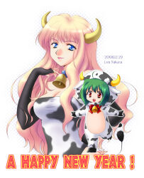 2008 2009 2girls animal_costume animal_print blonde_hair blue_eyes breasts chibi chibi_inset chinese_zodiac cleavage closed_mouth commentary_request cow_costume cow_girl cow_print elbow_gloves gloves green_hair happy_new_year large_breasts lea_sakura long_hair looking_at_viewer macross macross_frontier multiple_girls new_year orange_eyes photoshop_(medium) ranka_lee sheryl_nome smile upper_body year_of_the_ox