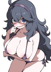 1girl @_@ ahoge arm_under_breasts bikini blue_bikini blush blush_stickers breasts cleavage ecgg_(tsuji418477) eyebrows_hidden_by_hair hair_between_eyes headband hex_maniac_(pokemon) highres large_breasts long_hair looking_at_viewer micro_bikini nintendo open_mouth pokemon pokemon_xy purple_eyes purple_hair purple_headband shadow simple_background smile solo sweatdrop swimsuit very_long_hair white_background