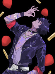Rule 34 | 1boy, arm tattoo, belt, black background, black belt, black choker, black hair, black jacket, black pants, blurry, blurry background, body markings, bullet, center opening, chain, chain bracelet, chain necklace, chest tattoo, choker, dark-skinned male, dark skin, grin, hand up, highres, idol land pripara, jacket, jewelry, lapels, leather, leather jacket, looking at viewer, male focus, mario (pripara), multiple belts, neck tattoo, necklace, notched lapels, ok sign, pants, parimi (tobari), partially unbuttoned, pectorals, pretty series, pripara, profile, punk, red eyes, shirt, simple background, smile, solo, studded belt, tattoo, thorns, three-quarter sleeves, upper body, wristband