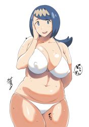 1girl arm_behind_back bikini blue_eyes blue_hair breasts collarbone covered_erect_nipples erect_sawaru freckles hair_ornament hand_on_own_face lana&#039;s_mother_(pokemon) large_breasts looking_at_viewer mature_female navel nintendo open_mouth plump pokemon pokemon_(anime) pokemon_sm_(anime) signature smile solo sweat swimsuit white_background white_bikini