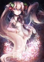 1girl absurdres cherry_blossoms cherry_hair_ornament closed_mouth collared_shirt detached_sleeves flower food-themed_hair_ornament frilled_shirt frills hair_between_eyes hair_flower hair_ornament hatsune_miku highres kozou_kazaru long_hair long_sleeves looking_at_viewer necktie pink_eyes pink_flower pink_hair pink_necktie pink_skirt pink_sleeves pleated_skirt sakura_miku shirt skirt sleeveless sleeveless_shirt smile solo very_long_hair vocaloid white_shirt