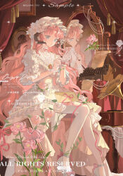 1girl blue_eyes bonnet bow curtains dress english_text flower frilled_dress frills gem gloves hat high_heels highres indoors jewelry lolita_fashion long_hair looking_at_viewer mayijiang mirror original pantyhose pink_bow pink_flower pink_hair pink_rose reflection ribbon rose sitting solo very_long_hair white_dress white_gloves white_pantyhose