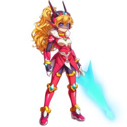 1girl absurdres alternate_costume alternate_hairstyle armor blonde_hair blue_eyes body_armor bodystocking boots breasts chest_jewel crossover energy_sword eyelashes forehead_jewel fur-trimmed_collar fur_trim gauntlets gloves helmet high_heels highres ib_(kouri) kiauwrenn knee_armor long_bangs long_hair mary_(ib) mega_man_(series) mega_man_zx model_z_(mega_man) non-web_source petite ponytail shoulder_armor skirt small_breasts sword thigh_boots transparent_background wavy_hair weapon