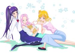 Rule 34 | 4girls, aged up, aqua skirt, asahina mirai, blue skirt, cure mofurun, genesishisyou, hanami kotoha, hand on own chin, heart, heart hands, heart hands duo, in person, izayoi liko, mahou girls precure!, multiple girls, precure, sitting, sitting on person, skirt
