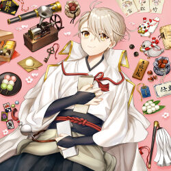 1other androgynous antenna_hair bag bell belt_charm bird black_bridal_gauntlets black_hakama black_sash bridal_gauntlets cherry_blossoms chestnut closed_mouth coat coat_on_shoulders collared_coat cowboy_shot d20_(die) daifuku dango dice duster ema flower food fruit hair_between_eyes hakama hanafuda highres holding holding_letter holding_paper houhou_(black_lack) japanese_clothes jingle_bell katsugeki/touken_ranbu key kimono leaf letter looking_at_viewer lying marble_(toy) neck_tassel obi obijime omamori omelet on_back osechi other_focus paper phonograph pigeon pink_background pink_flower polyhedral_dice rope saniwa_(katsugeki/touken_ranbu) sanshoku_dango sash shimenawa short_hair side_part sideways_glance smile solo tamagoyaki telescope touken_ranbu umeboshi wagashi waist_cape white_coat white_hair white_kimono yellow_eyes
