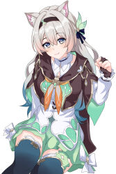 1girl absurdres animal_ear_fluff animal_ears aqua_dress black_hairband black_jacket black_thighhighs blush breasts bridal_gauntlets cat_ears clenched_hand closed_mouth collared_dress cropped_jacket dress firefly_(honkai:_star_rail) grey_hair hair_between_eyes hair_intakes hair_ornament hair_ribbon hairband highres honkai:_star_rail honkai_(series) jacket looking_at_viewer maxwelzy neckerchief orange_neckerchief pink_eyes ribbon ribbon-trimmed_dress ribbon_trim simple_background single_bridal_gauntlet sitting smile solo thighhighs white_background