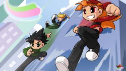 3boys antenna_hair backwards_hat baseball_cap black_hair black_pants black_shoes blonde_hair blue_shirt blunt_bangs boomer_(ppg) brick_(ppg) building butch_(ppg) closed_eyes coffgirl flying green_eyes green_shirt grin happy hat highres long_hair looking_down male_focus multiple_boys open_mouth orange_hair pants parted_bangs powerpuff_girls red_eyes red_hat red_shirt rowdyruff_boys shirt shoes short_hair smile smirk sneakers striped_clothes striped_shirt watermark