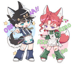 2boys :&lt; animal_ear_fluff animal_ears apron asymmetrical_bangs bandaid bandaid_on_knee bandaid_on_leg black_hair black_hat blue_eyes blue_leg_warmers blue_shorts bow chain cherry cherry_earrings chibi chibi_only closed_mouth earrings english_text fishumarket food food-themed_earrings food_themed_earrings fox_boy fox_ears fox_tail frilled_apron frills fruit full_body gold_chain green_jacket green_leg_warmers hat holding holding_food holding_fruit jacket jewelry jojo_no_kimyou_na_bouken kakyoin_noriaki kemonomimi_mode kepi kuujou_joutarou leg_warmers long_bangs long_sleeves looking_at_viewer loose_socks maid maid_apron male_focus military_hat multiple_boys open_mouth pointing pointing_at_viewer popped_collar purple_eyes red_hair red_shoes shoes short_hair shorts sneakers socks standing star_(symbol) stardust_crusaders stud_earrings tail track_jacket unconventional_maid waist_apron white_apron